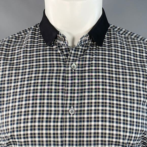 LANVIN Size M Navy Green White Plaid Cotton Contrast Collar Long Sleeve Shirt - Picture 2 of 6